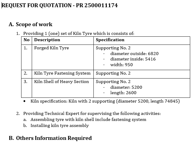  Bidding The Kiln tyre for Thang Long Cement Company- Đơn hàng PR 11174 Cung cấp Vành băng đa lò 